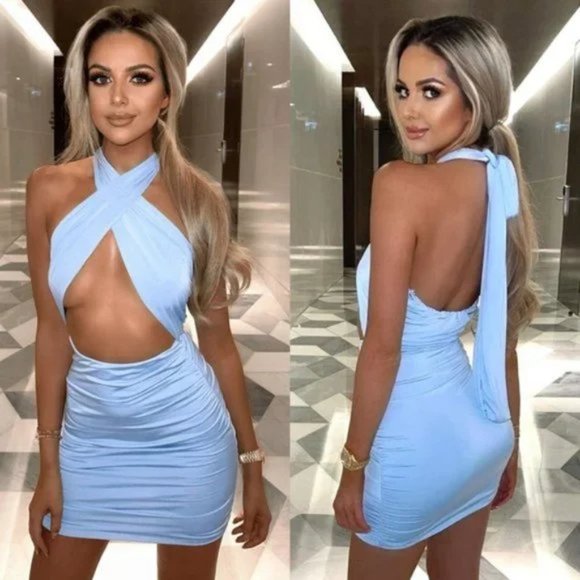 Dresses & Skirts - Blue Sleeveless Halter Neck Cutout Backless Open Back Bodycon Mini Dress